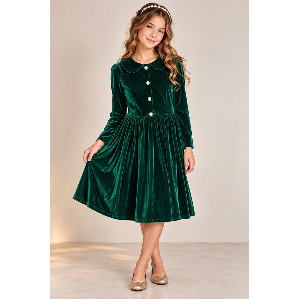 Holiday Christmas Green Velvet Pearl Button Dress Girls 14 Peter Pan Collar 160